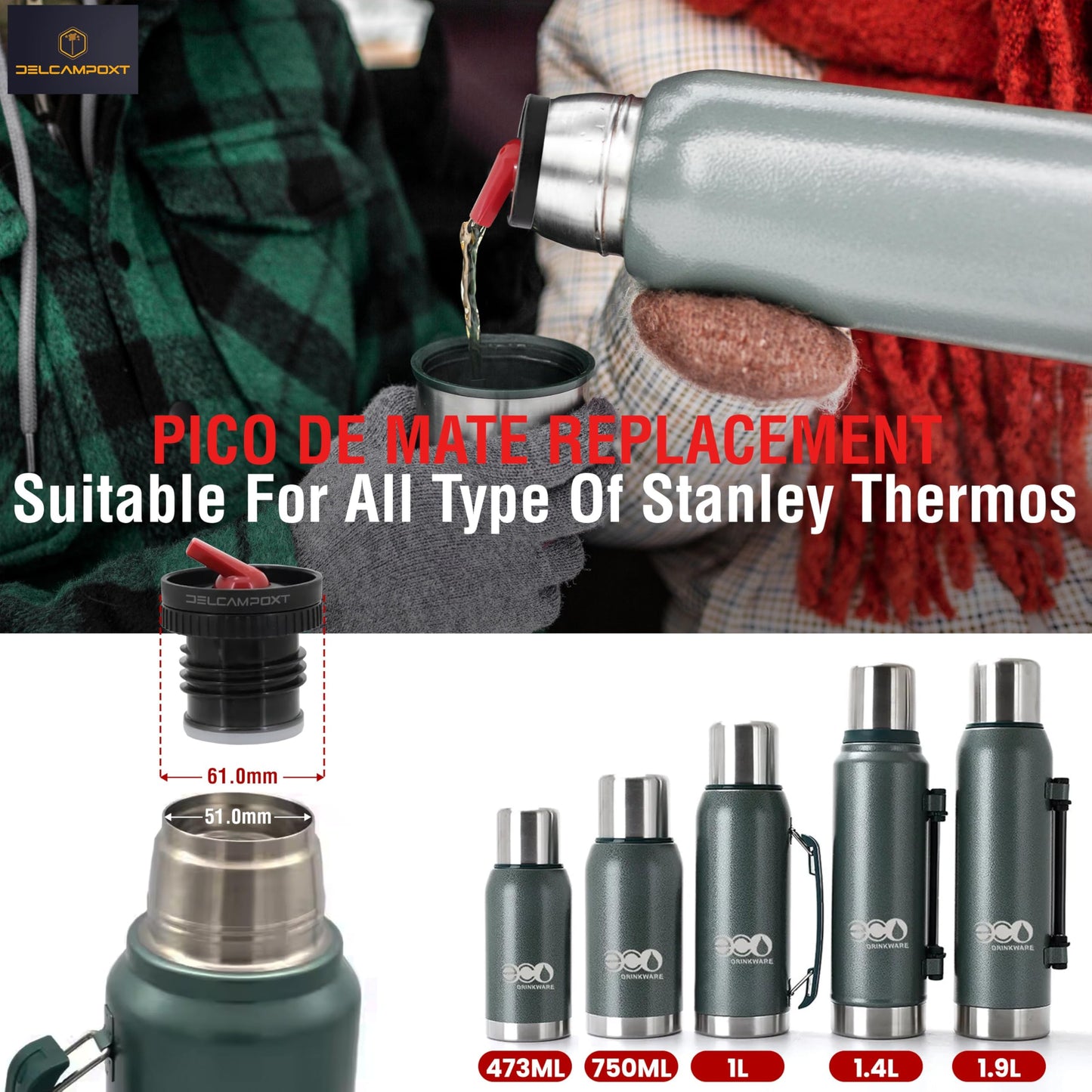 DelCampoXT Lid Termo/Thermal Flask Stopper Pico de Mate Replacement Cap - Fits Stanley Classic Vacuum Insulated Wide Mouth Bottles (1.1QT, 1.5QT, 2QT) - Black/Red - Set of 1