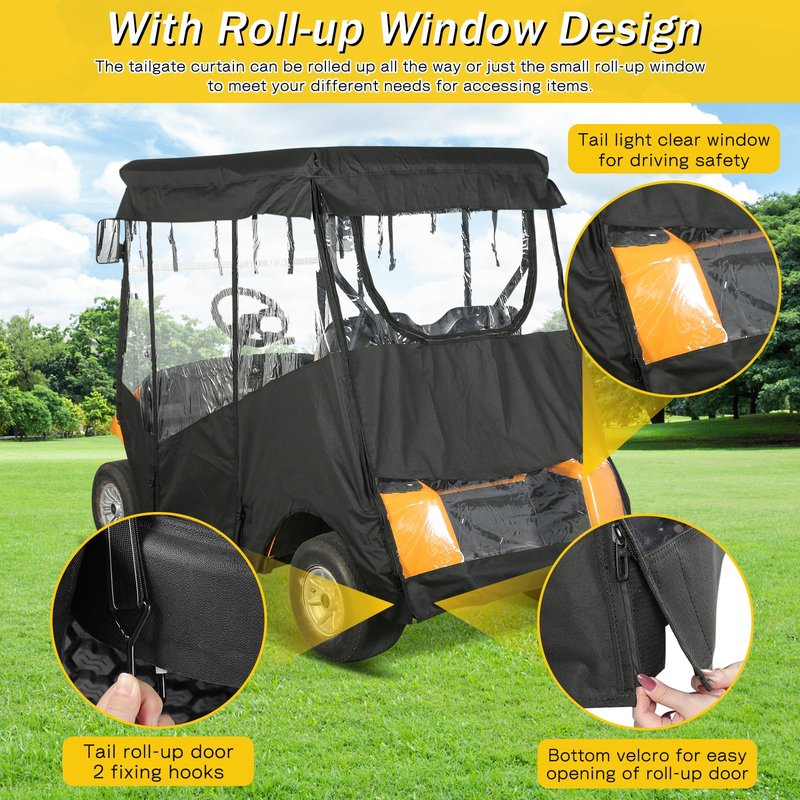 SANXIACAR Golf Cart Enclosure 2 Passenger for EZGO TXT 2 Seater Open Front Windshield 3-Sided Clear Windows Waterproof Transparent Driving Rain Covers Roll-up Zipper Door Black (with Seat Blanket)