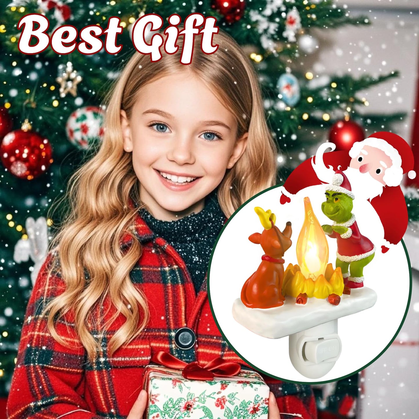 HFZCZW 2025 Christmas Night Light, Christmas Green Monster Campfire Nightlight, Eve Campfire Flickering Night Light Gifts for Family, Plug-in