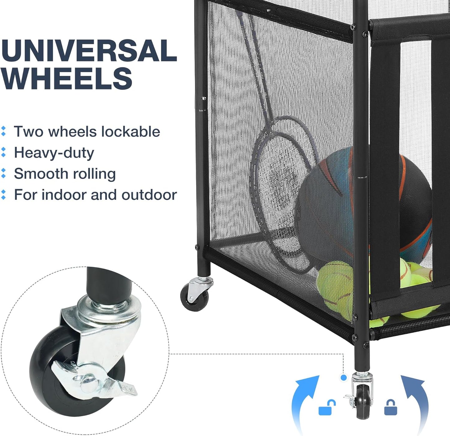 STO STO Rolling Sports Ball Storage Cart - Lockable Basketball Cage with Elastic Straps | Black Steel Organizer for Indoor & Outdoor Use