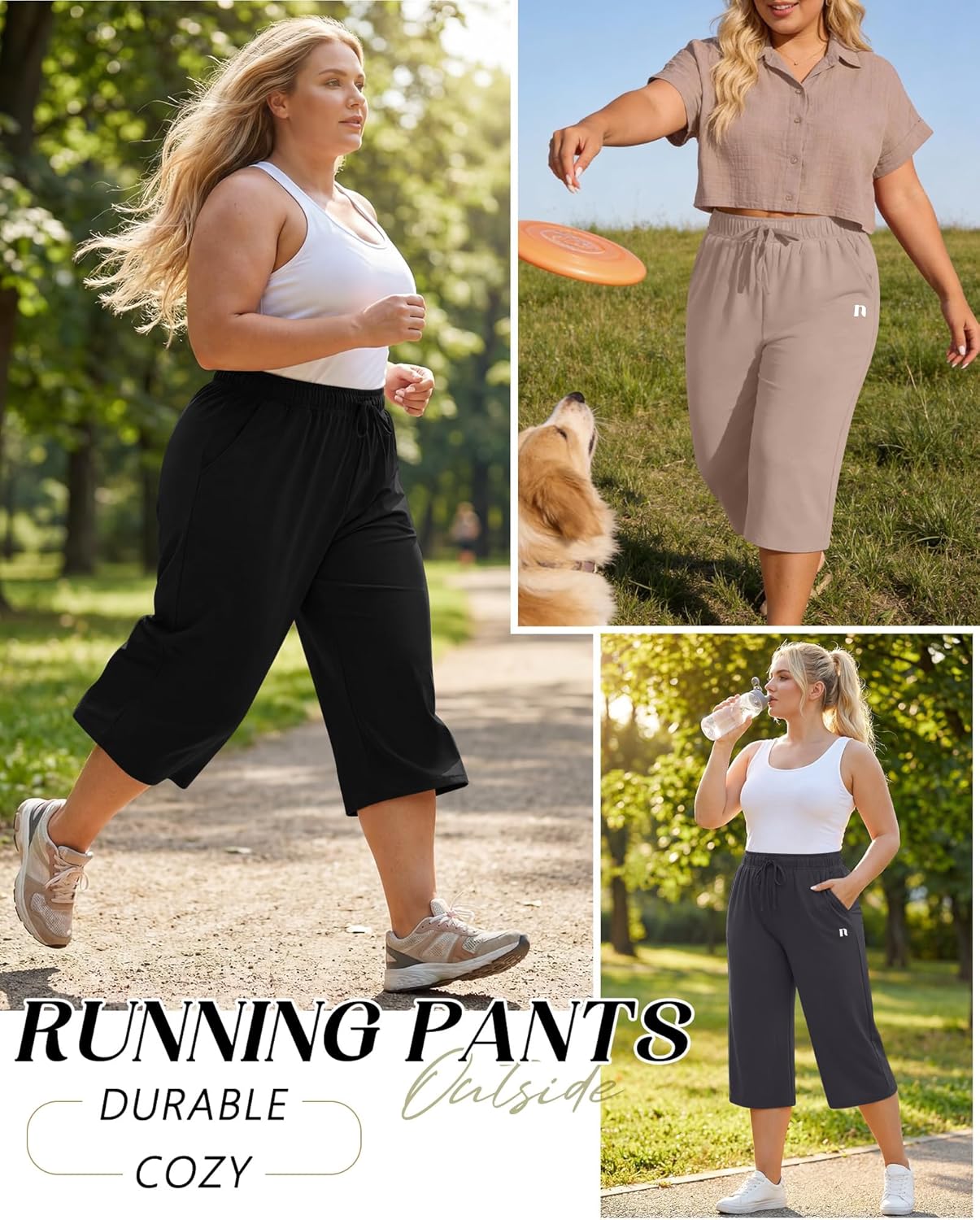 Neer Plus Size Women's Capri Pants - Wide Leg Casual Drawstring Sweatpants with Pockets | 3 Pack