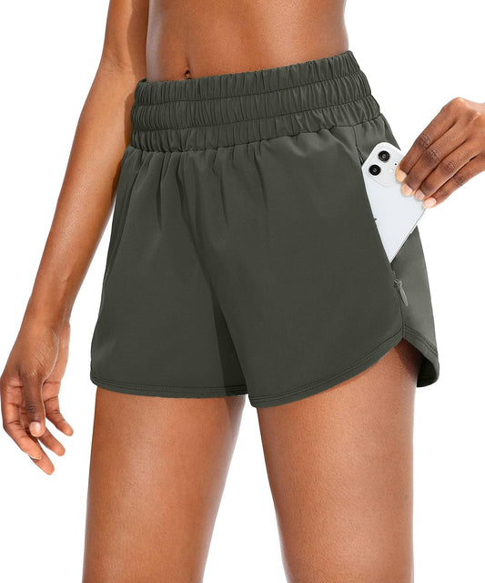 SANTINY Women's High Waisted Running Shorts - Athletic Gym Shorts with Zip Pockets & Liner