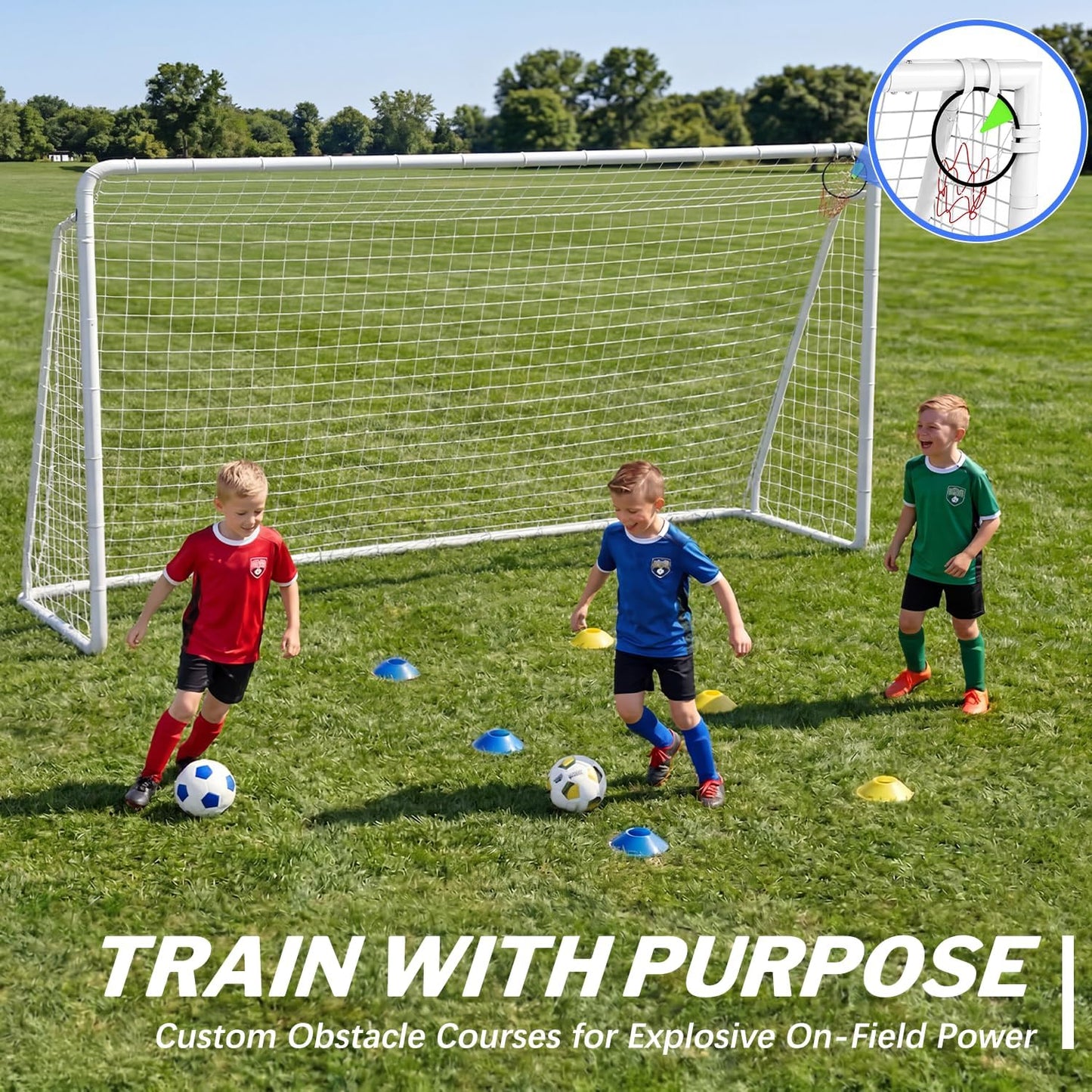 Metal Soccer Goal by [Brand Name] - Rust-Proof Frame with PE Net & Training Cones | 8x6, 12x6, 16x7 FT Sizes