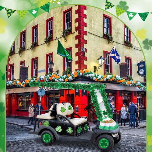 HunnmingRe 15 Pcs St. Patrick's Day Parade Golf Cart Decoration Kit Irish Bunting Burlap Flag Green Metallic Tinsel Garland Shamrock Stickers for St. Patrick's Day Golf Cart Festival Decor