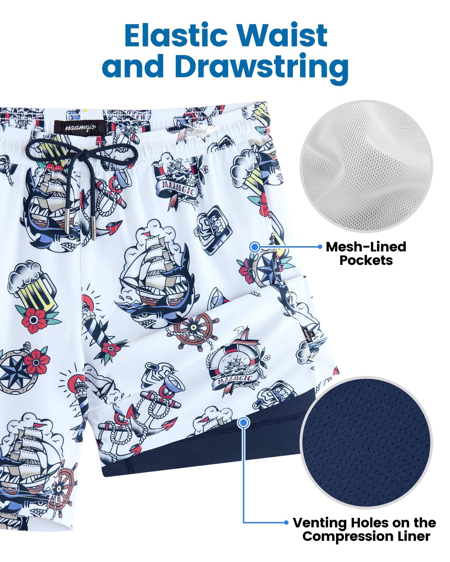 maamgic Mens Swim Trunks with Compression Liner 7 Inch Inseam Mens Bathing Suit Quick Dry Swimming Trunks Swimsuit Sailing Blue White X-Large