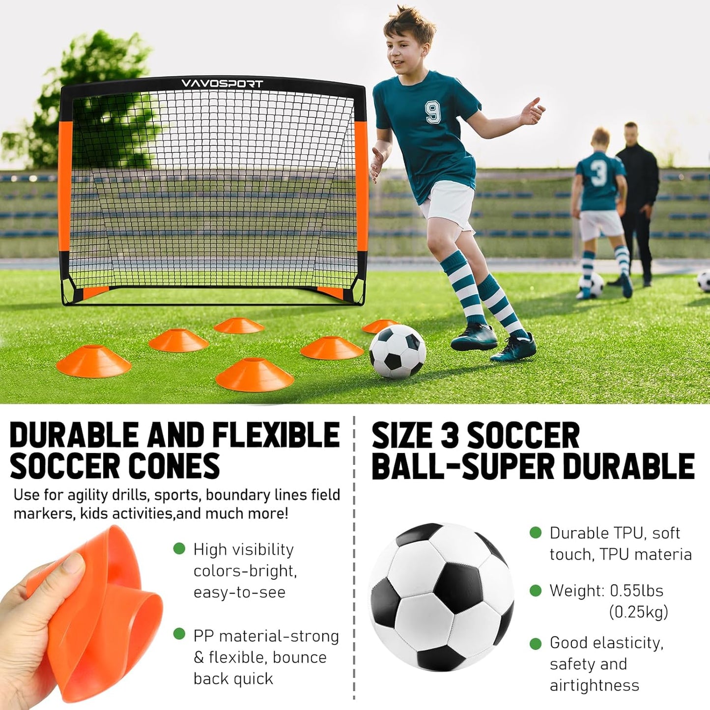 VAVOSPORT Kids Soccer Goals - Portable Mini Soccer Nets Set for Backyard Play | 4x3 & 6x4 ft, Ages 3-14
