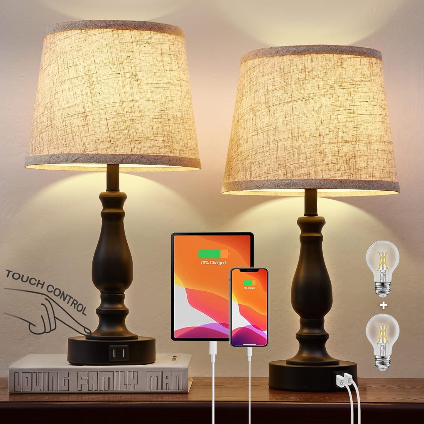 Touch Bedside Table Lamps Set of 2 with USB C+A Ports - 3-Way Dimmable Linen Shade