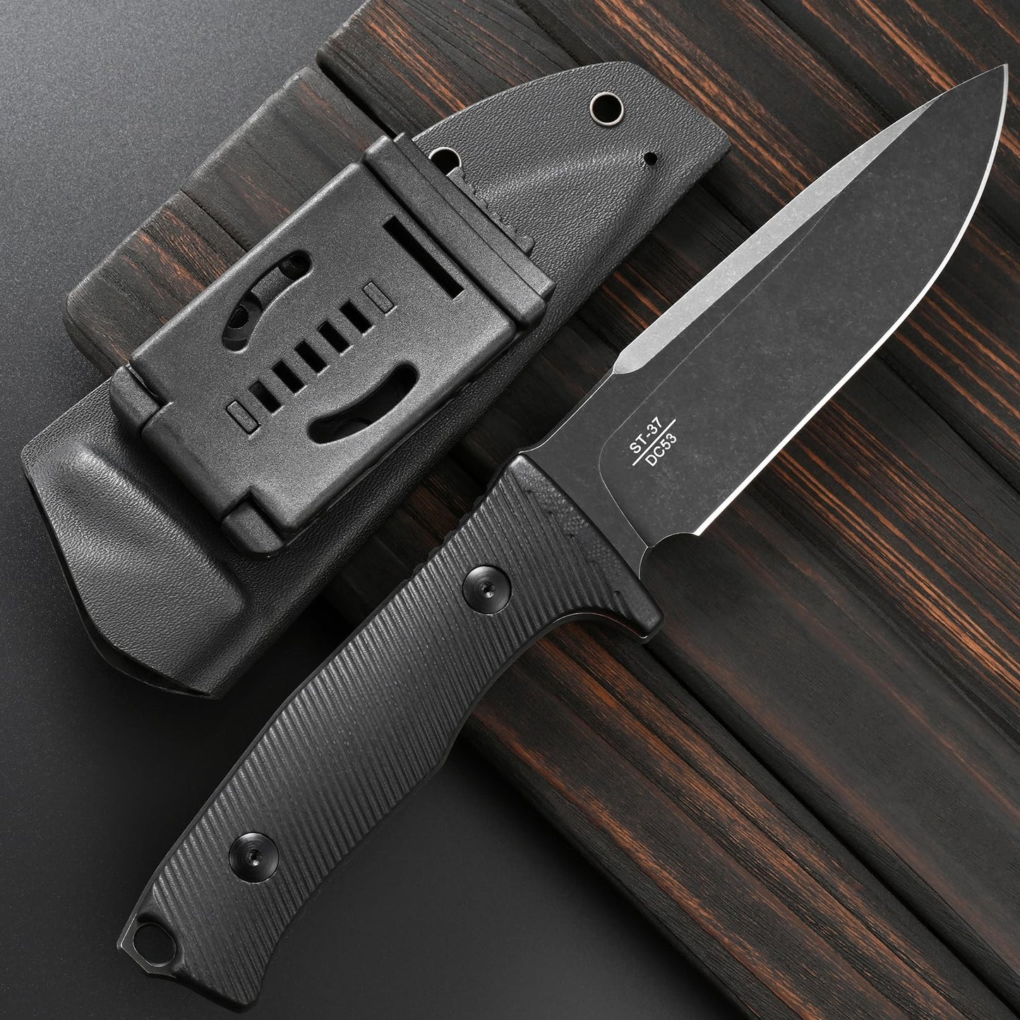 Sitivien ST37 Fixed Blade Knife Black Stonewashed DC53 Steel Blade Two Tone G10 Handle Full Tang Knife with Sheath for Outdoor Camping Hiking Working Survival (Black)