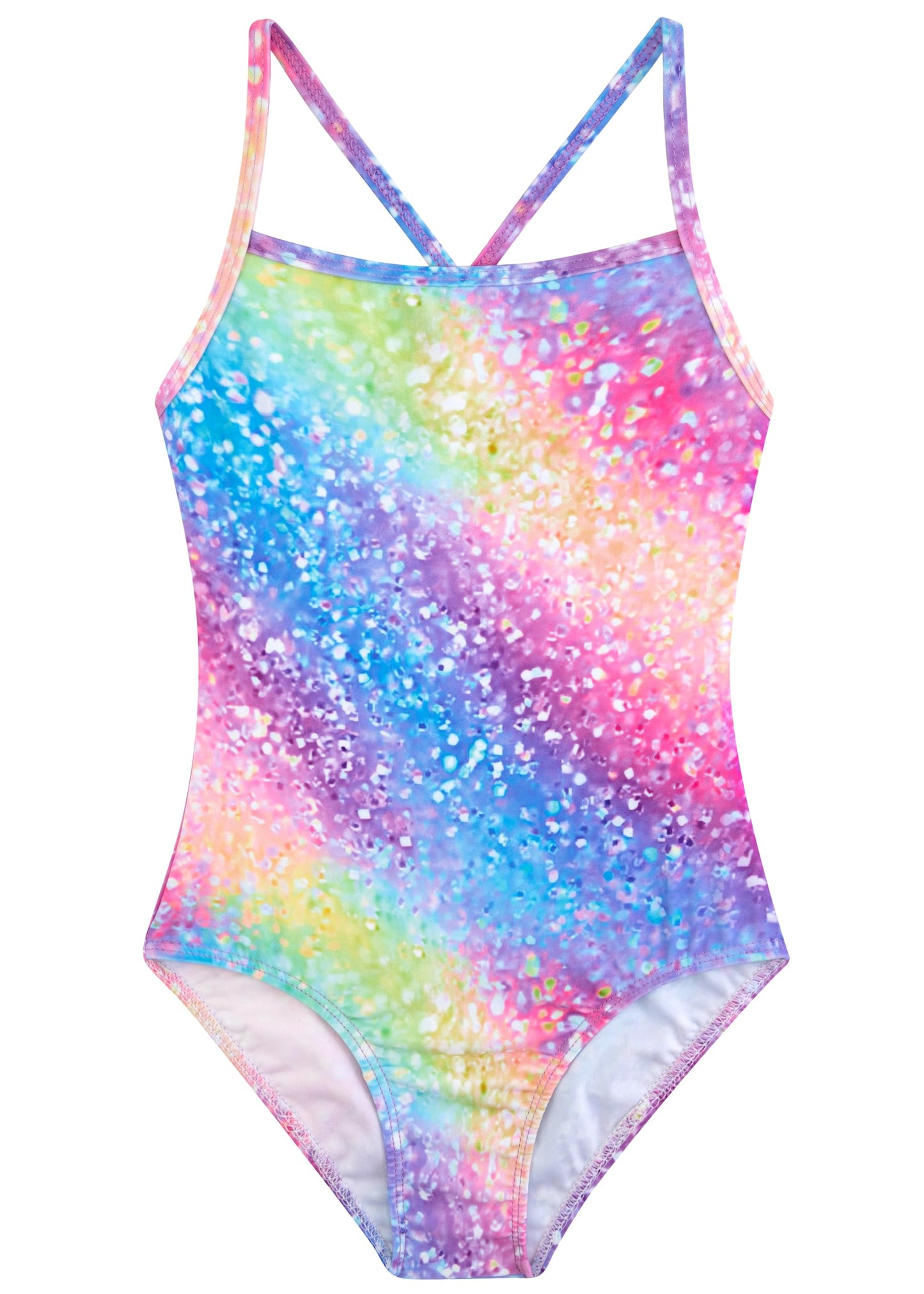 Belovance Girls Swimsuits One Piece Bathing Suit with Criss Corssback Straps 5t Size 6 Kids Children Swimming Suit Rainbow Glitter Swimwear Quick Dry (Rainbow Glitter, 6-7 Years)