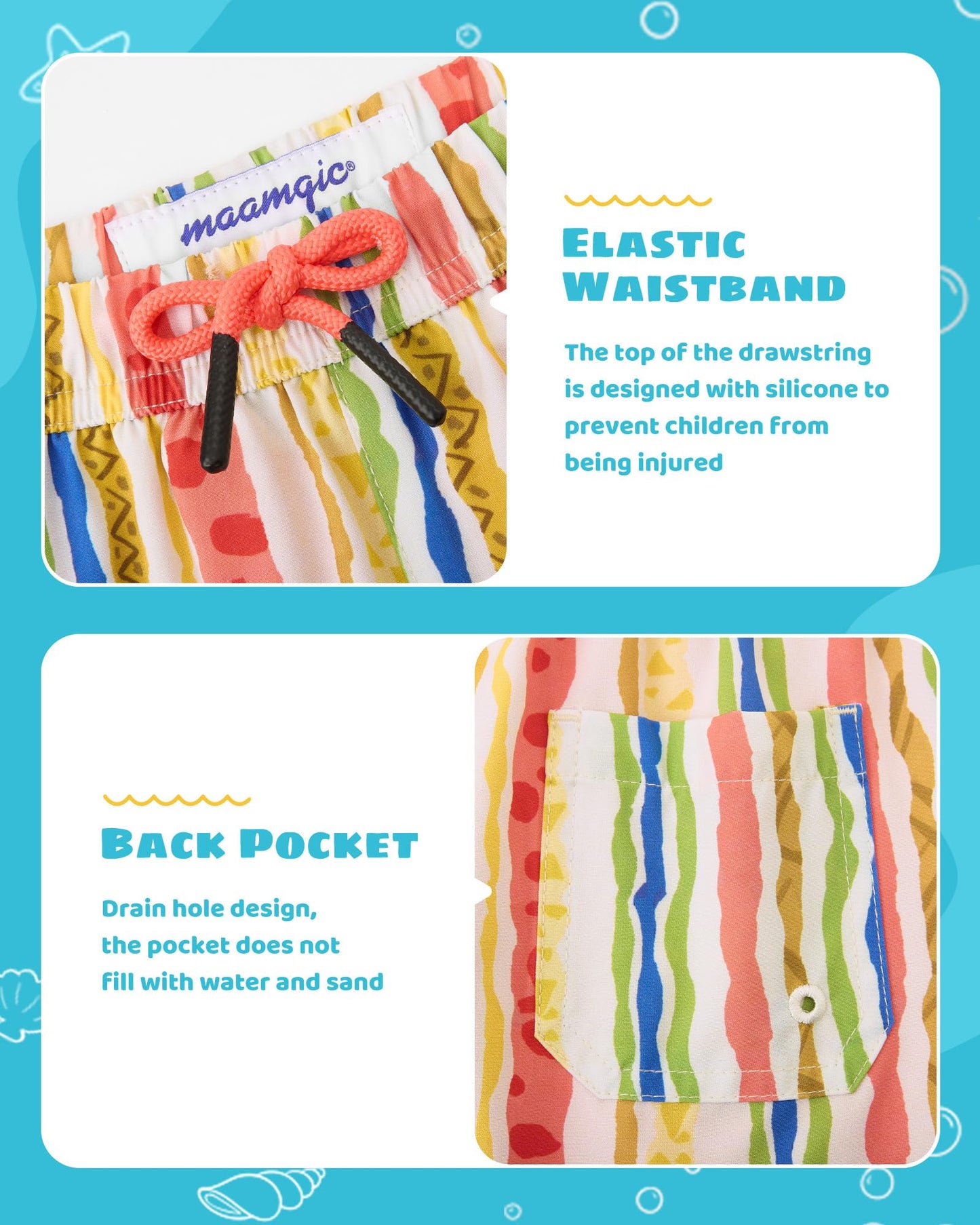 maamgic Boys Swim Trunks with Compression Liner Toddler Stretch Swim Shorts Quick Dry Swimming Trunks Boxer Brief 2 in 1 Beach Shorts Playful Stripes 10/12