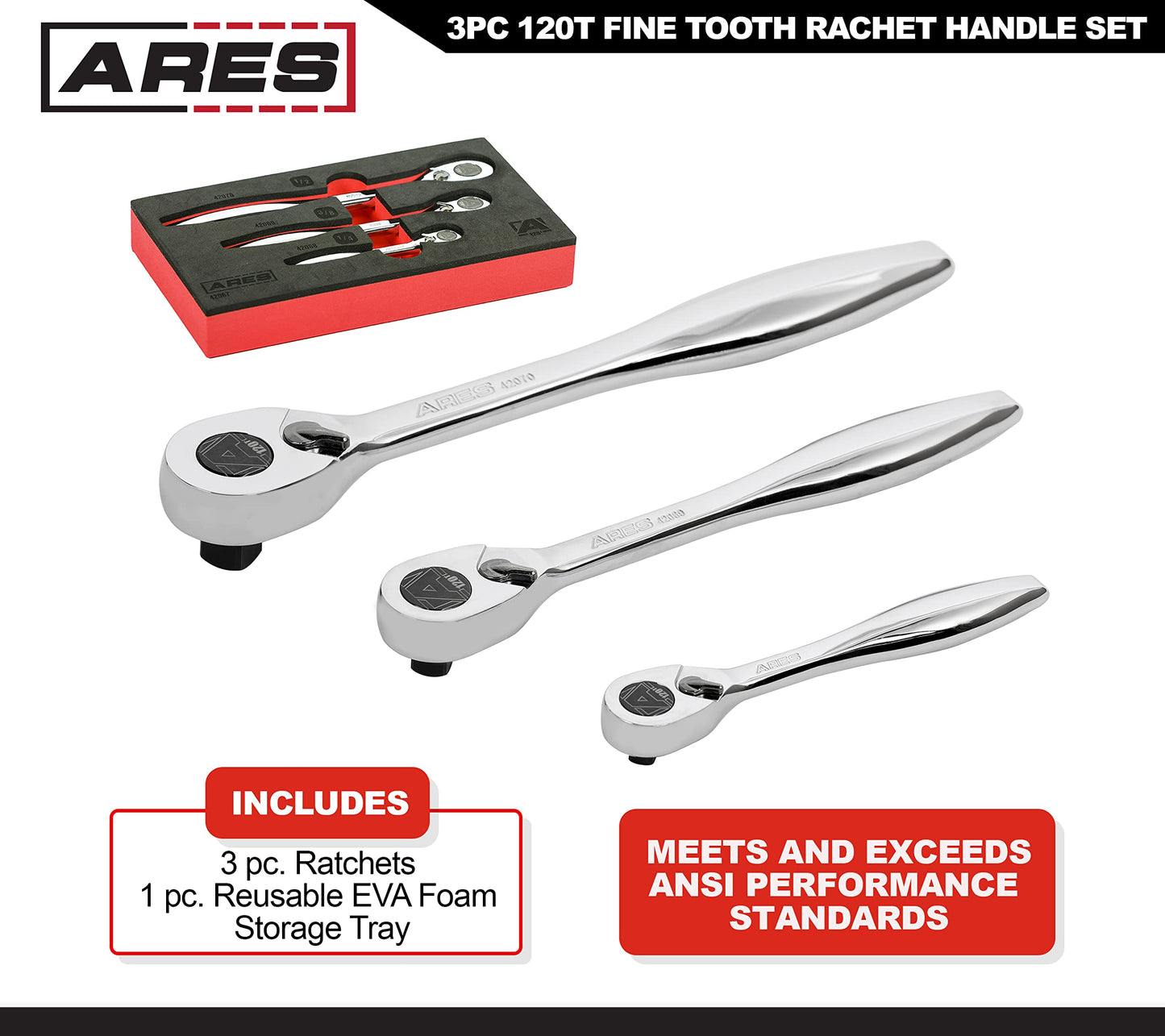 ARES 42067 – 120 Tooth Ratchet Set – 1/4-Inch, 3/8-Inch, and 1/2-Inch Drive - 3 Degree Swing Arc – Reversible Ratcheting Mechanism - Ergonomic Handle and Professional Gear Structure