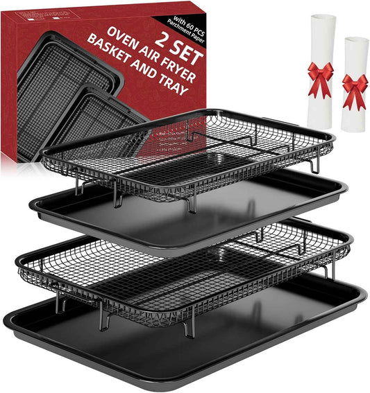 Air Fryer Basket Set with Parchment Papers - Non-Stick Stainless Steel Trays (2 Sizes)