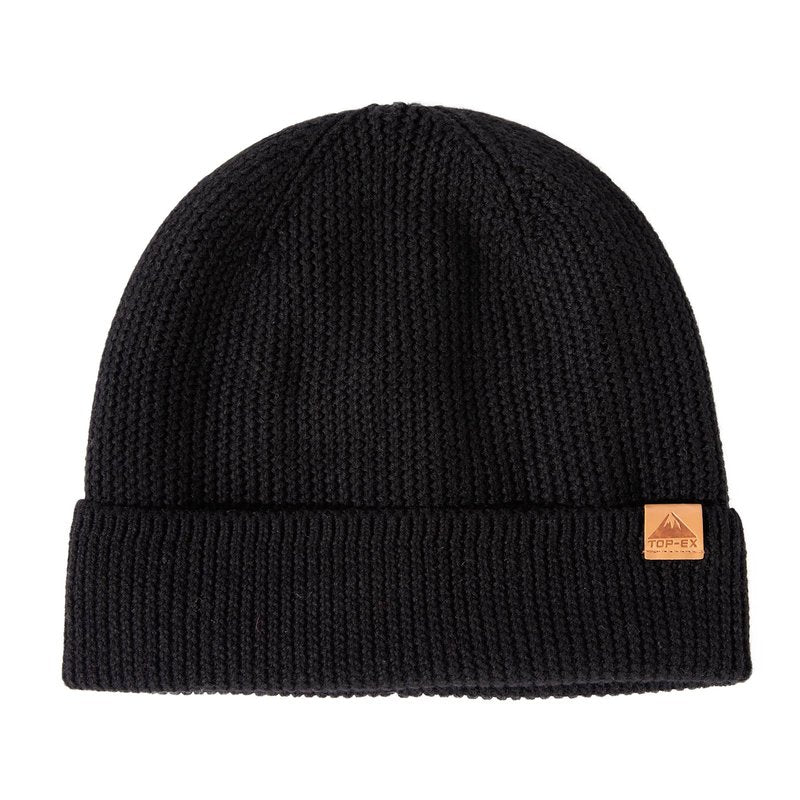 TOP-EX XL Winter Merino Wool Cuffed Beanie Hat for Men Women Warm Fleece-Lined Knit Skull Cap for Hiking Running Skiing Snow Thermal Hat for Cold Weather Extra Large for Big Head Black L/XL