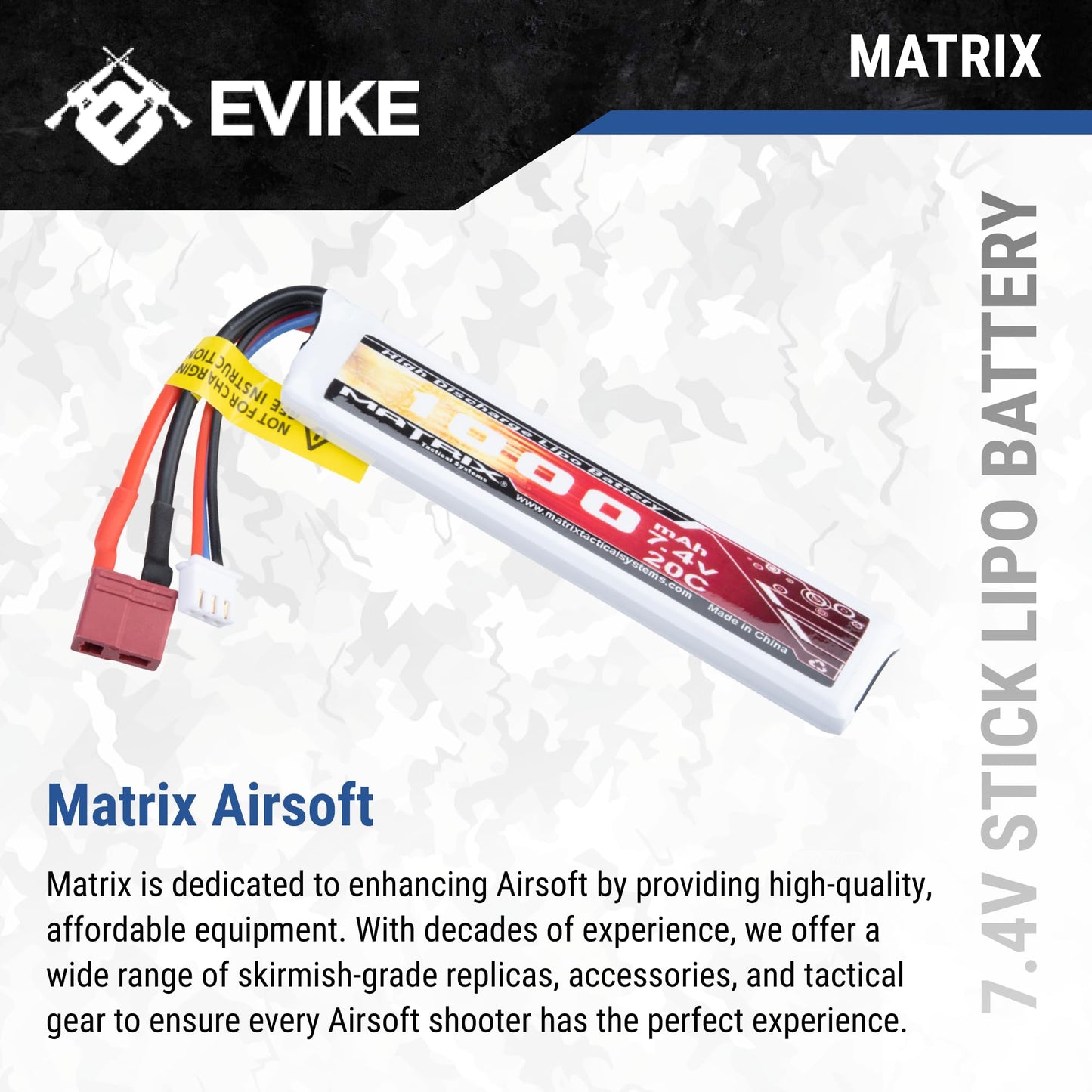 Evike Airsoft - Matrix High Performance 7.4V Stick Type Airsoft LiPo Battery (Model: 1000mAh / 20C / T-Plug & Short Wire)