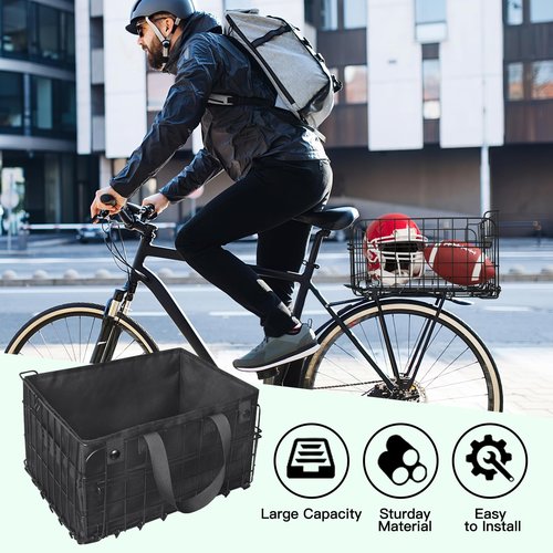RAYMACE Bike Basket Rear,Bicycle Basket with Removable Liner,Rainproof Cover and Cargo Net,Folding Bike Baskets for Adult,Quick Release Design Fits for Most Rear Mounted Bike Rack