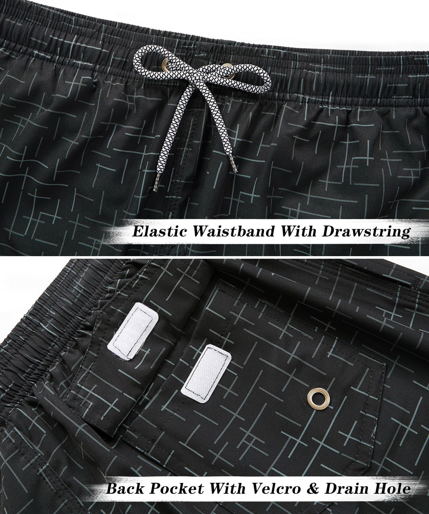 ELETOP Men's Swim Trunks Quick Dry Bathing Suit Swimming Board Shorts Mesh Lining Beach Swimwear Line Black L