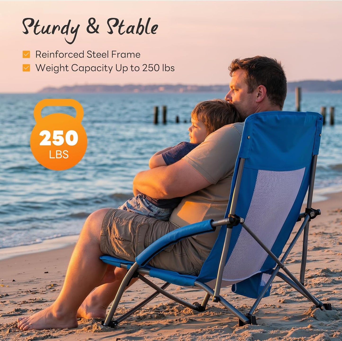 NEWBULIG Low Beach Chair - Portable Folding Camping Chair with Cup Holders & Carry Bag | Extra Wide Seat, High Back, Blue