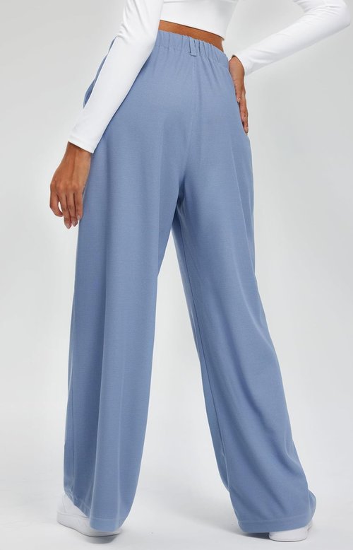 Libin Women's Wide Leg Pants - High Waisted Waffle Knit Casual Trousers with Pockets | Denim Blue, XL