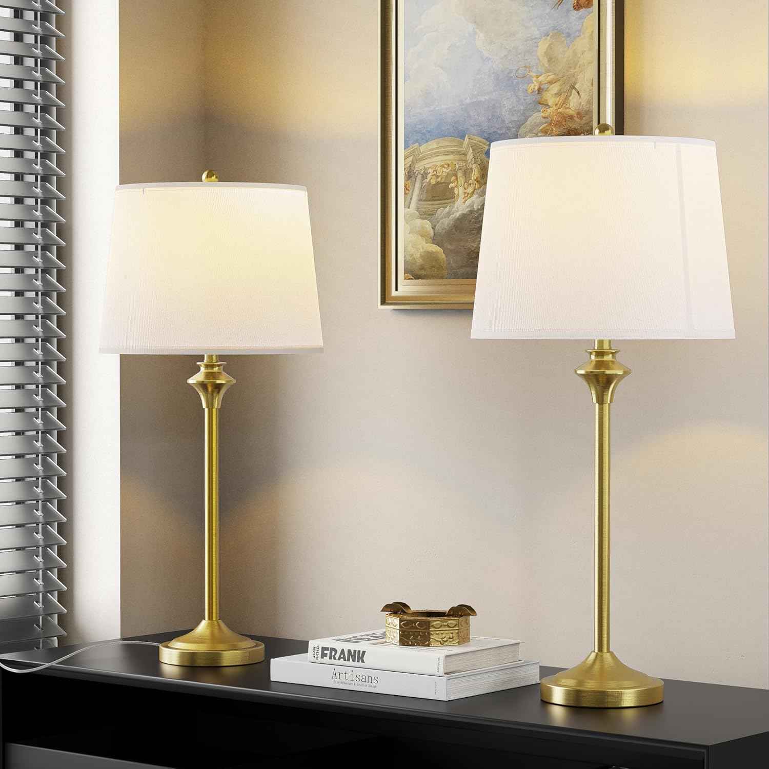 Brass Gold Table Lamps Set of 2 - 26" Modern Buffet & Nightstand Lamps for Living Room, Bedroom, Office