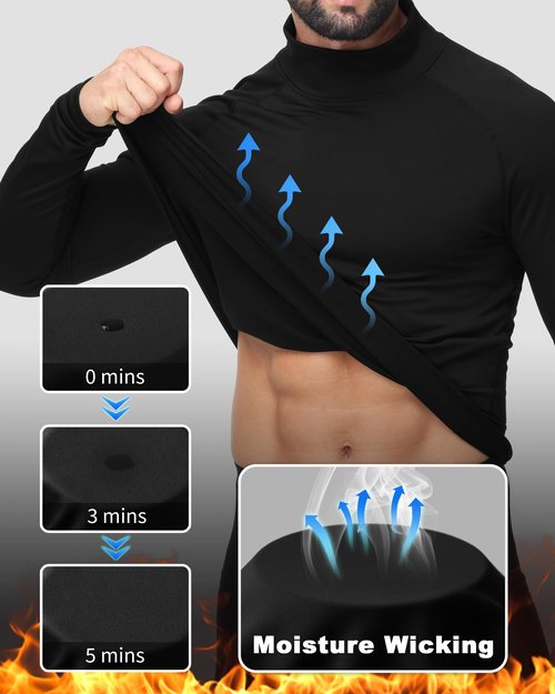 Roadbox Men's Thermal Compression Shirts Mock Turtleneck Long Sleeve, Fleece Lined Undershirt Base Layer for Winter Workout Black