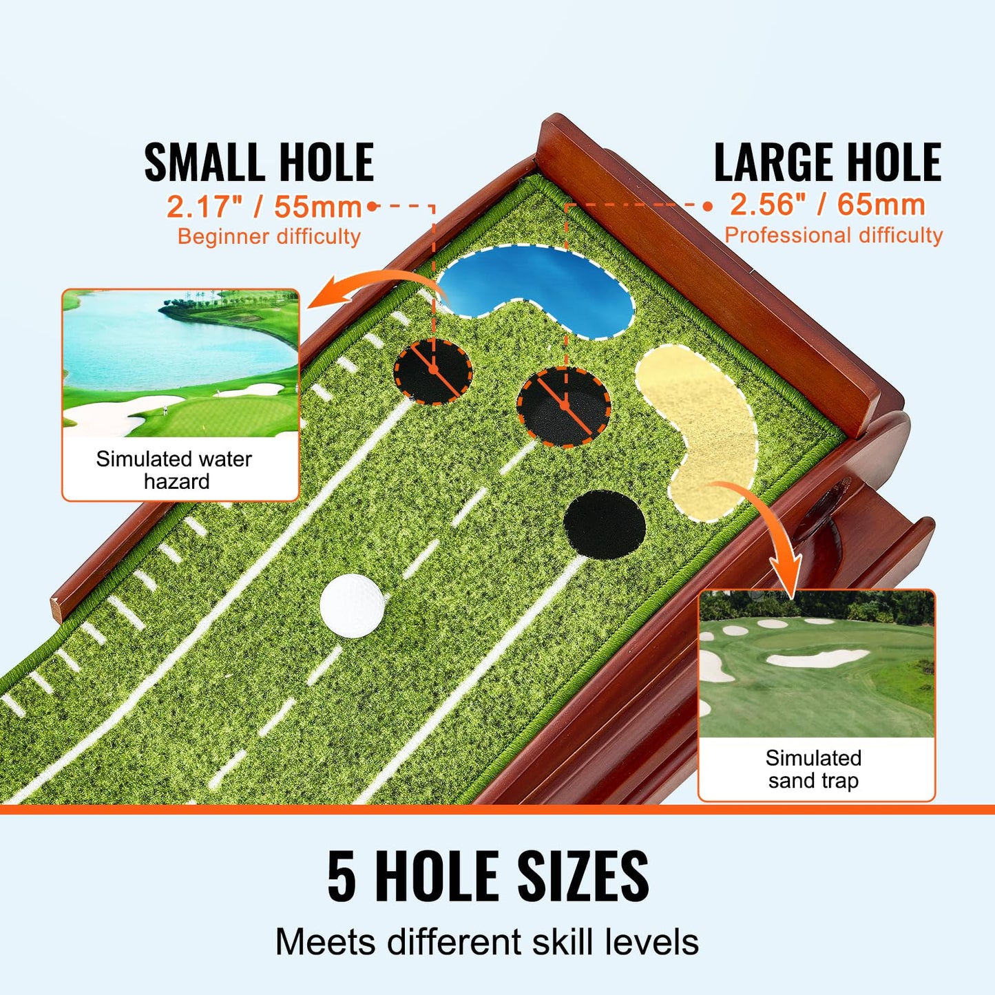 VEVOR Golf Putting Mat, 2 Hole Indoor Putting Green, Wrinkle-Free Golf Training Aid, Mini Golf Set with Auto-Ball Return, Alignment Guide, 3 Ball, Wood Base, Game Practice Gift for Home Office