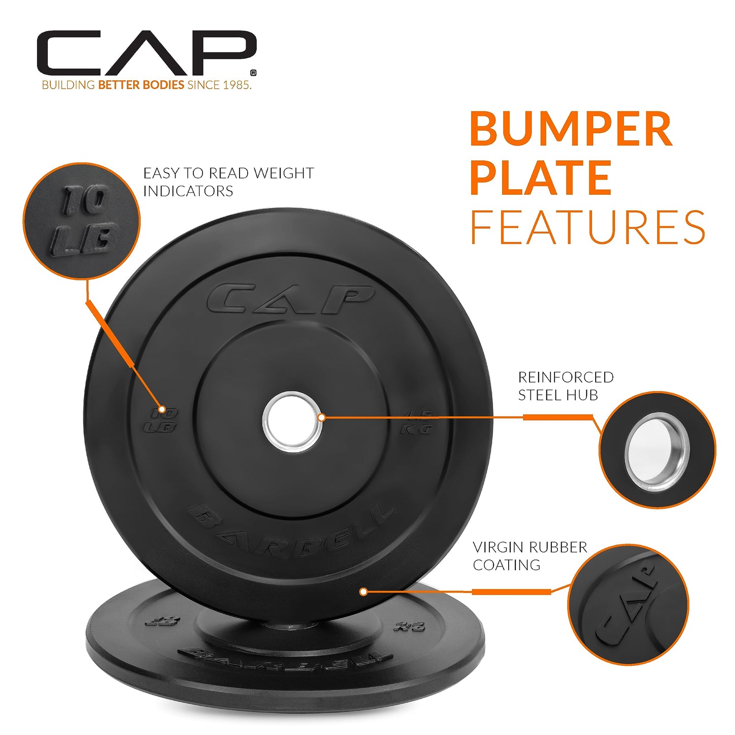 CAP 370 lb Elite Olympic Bumper Plate Set 2-Inch Olympic Plates, Medium Bounce Virgin Rubber Weight Plates with Stainless Steel Hub for Weightlifting, Strength Training & Home Gym Workouts