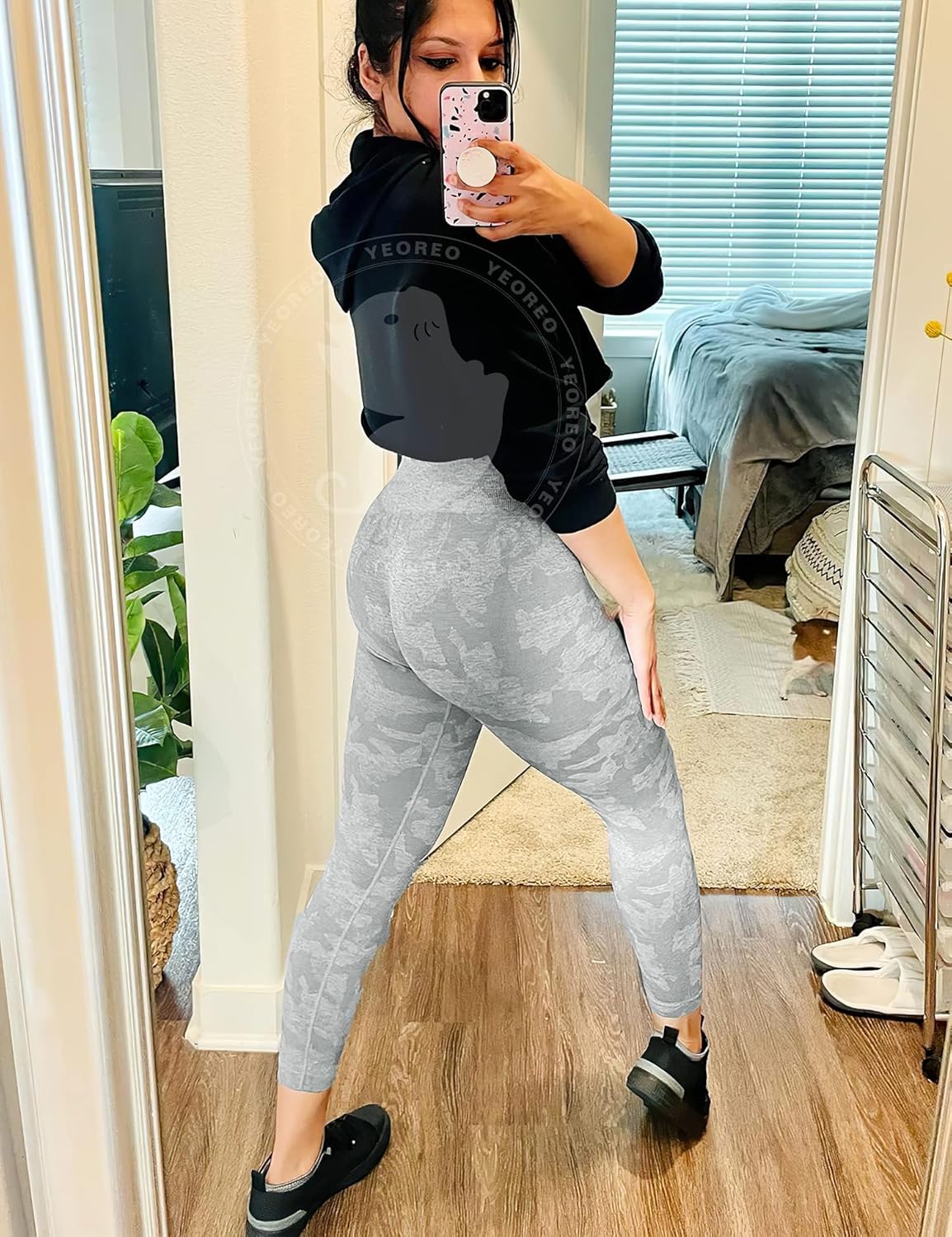 YEOREO Women's High Waisted Camo Workout Leggings - Seamless Tummy Control Yoga Pants | Grey, Size M