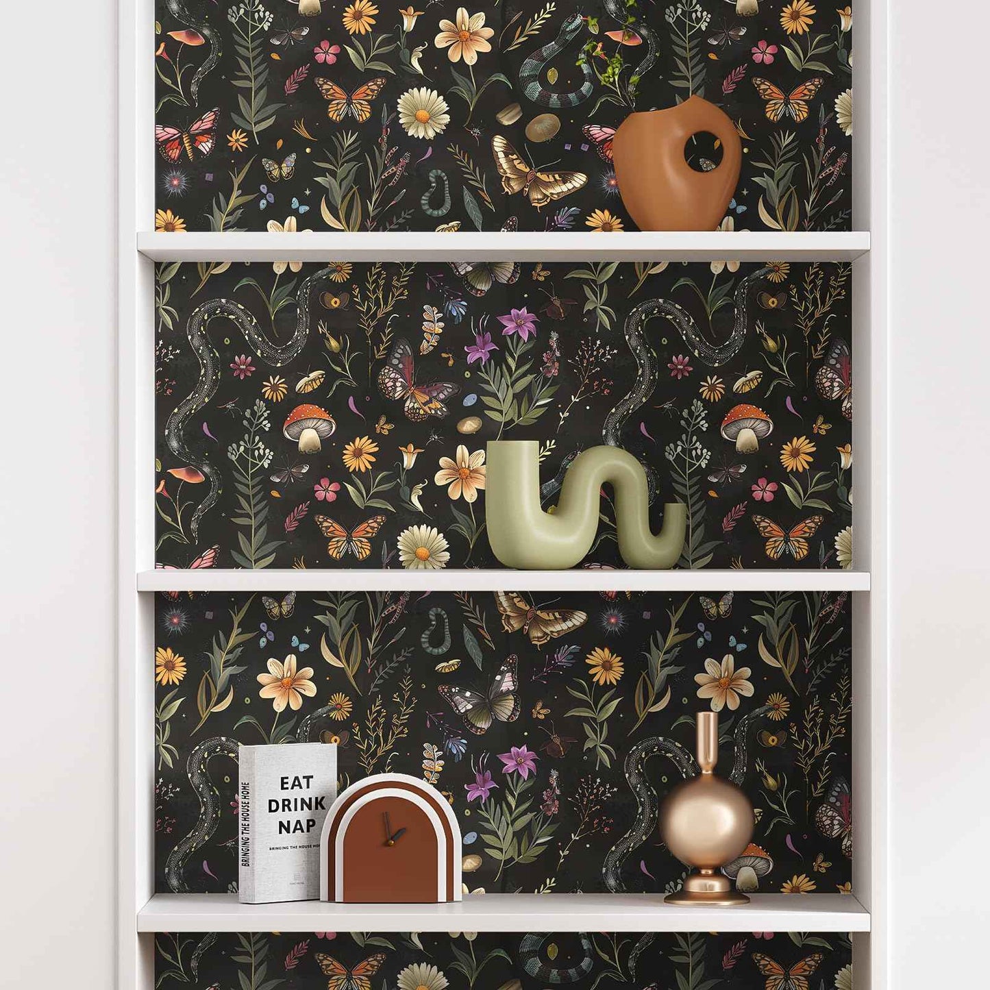 VEELIKE Midnight Forest Wallpaper Peel and Stick Snake Butterfly Floral Wallpaper for Bedroom Bathroom 17.7''x118'' Black Botanical Wall Mural Removable Self Adhesive Floral Contact Paper for Cabinets