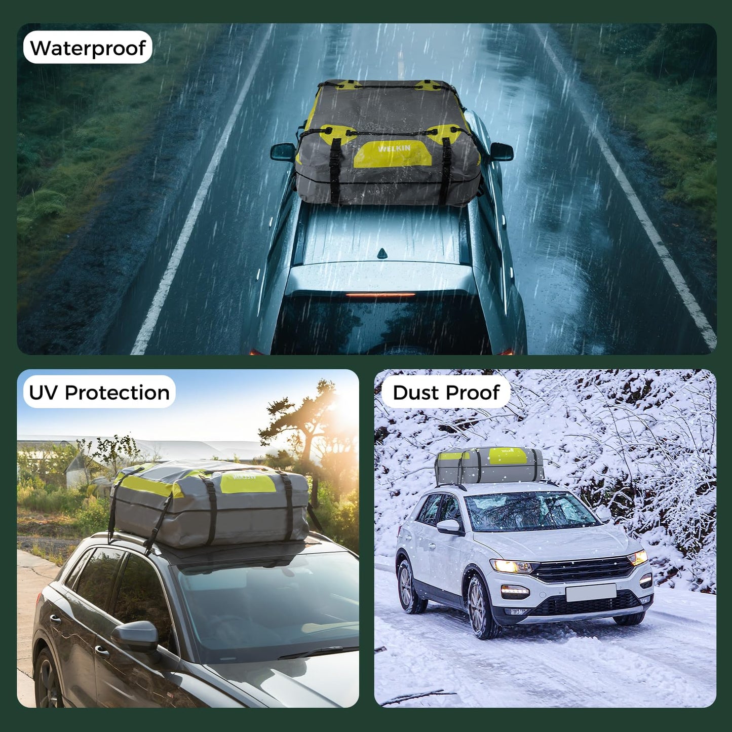 WELKIN Heavy Duty Rooftop Cargo Carrier Bag - 15 Cubic Waterproof Car Roof Bag for All Vehicles with/Without Rack - Includes Anti-Slip Mat, 6 Door Hooks, TSA Lock & Storage Bag - Reinforced Straps