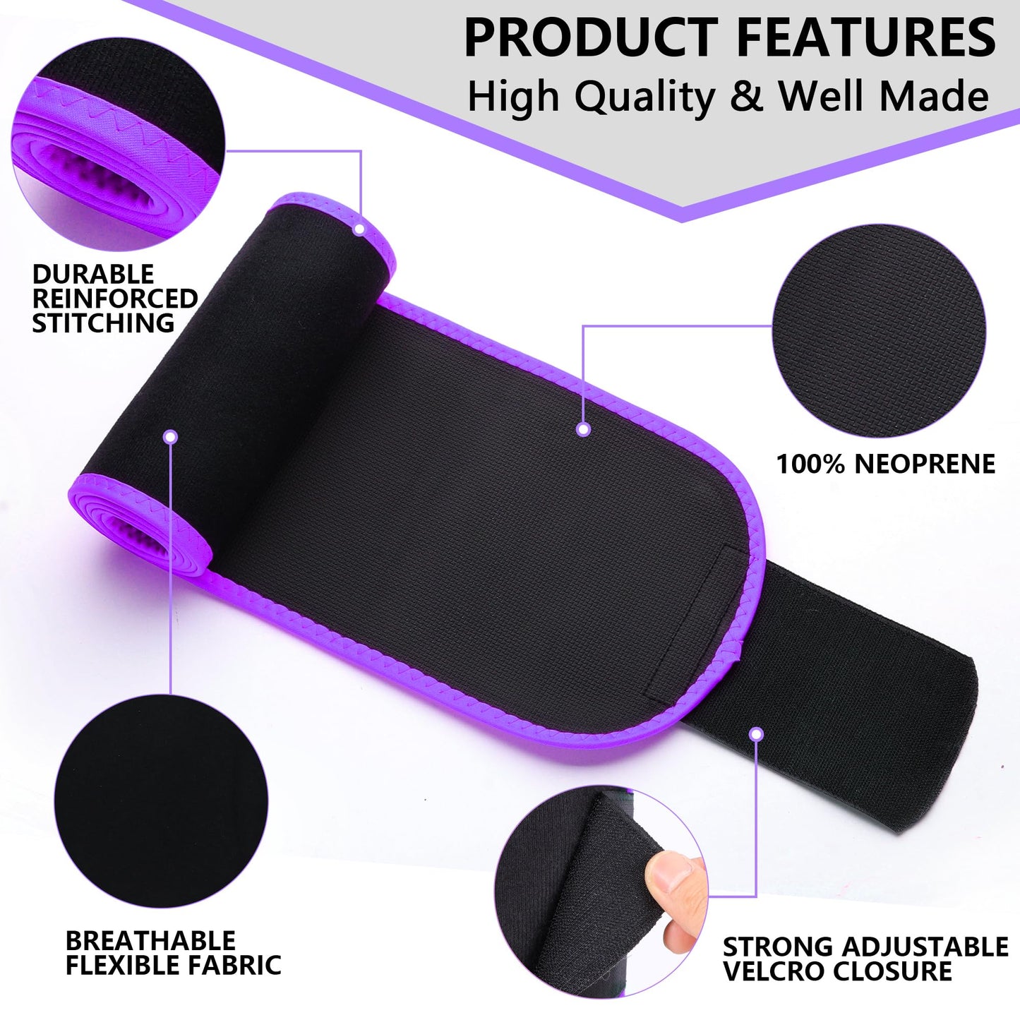 Leann L!fe 52” Waist Trimmer for Slim Belly, Premium Sweat Band Enhancing Fitness Belt for Weighted Hula Hoop Weight Loss, Waist Trainer Women and Men, Stomach Sweat Wrap, Black/Purple