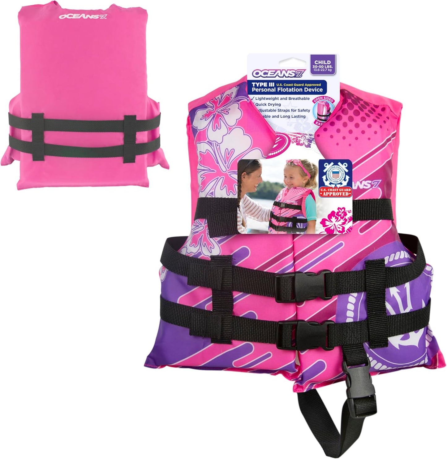 Oceans7 Kids Life Jacket | US Coast Guard-Approved PFD for 30-50 lbs - Flexible Open-Sided Design - Pink/Berry