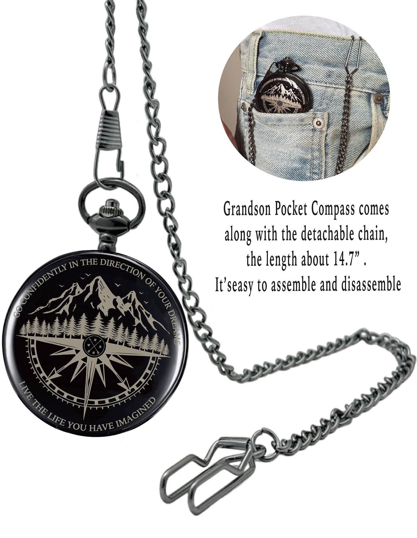 Grandson Gifts from Grandma Grandpa, Go Confidently Pocket Compass Engraved Black, to My Grandson Pocket Token, Inspirational Keepsake Gifts Ideas for Grandson Birthday Graduation Christmas