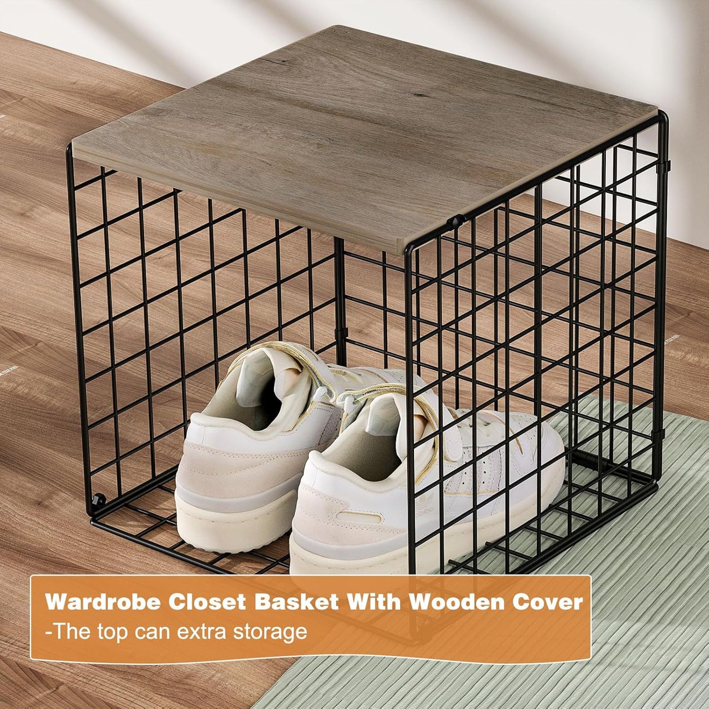 Skiennix 4-Tier Stackable Closet Organizer - Space-Saving Storage Baskets with Wood Top | Black