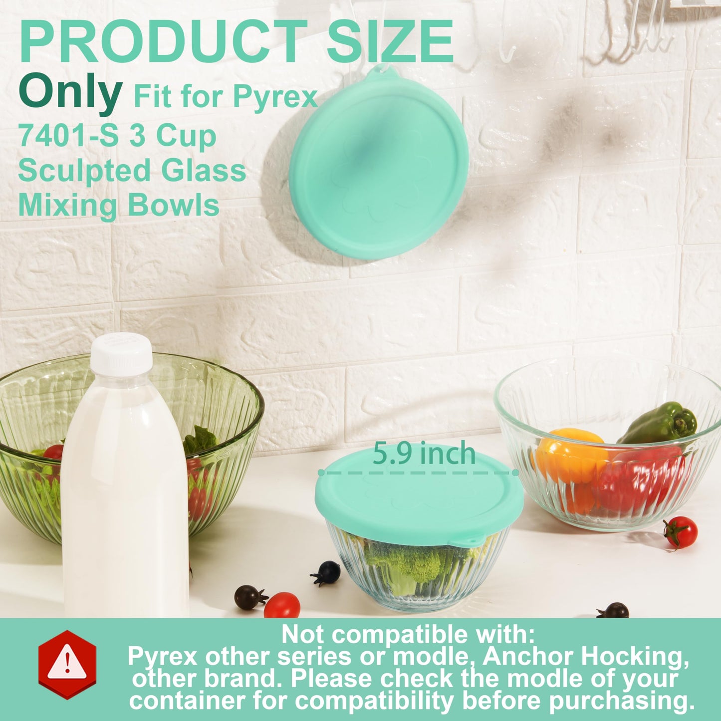 LUVCOSY Silicone Lids Only Fit for Pyrex 7401-S 3 Cup Sculpted Glass Mixing Bowls, 2 Pack Small Size Silicone Covers, Dishwasher & Microwave Safe, Green (Lids Only)