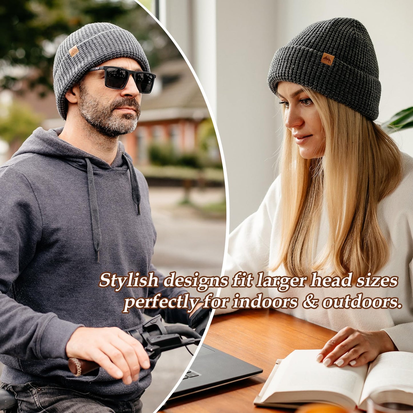 Mens Womens Oversized XL/XXL Winter Waffle Beanie Merino Wool Blend Knit Skull Watch Cap for Extra Large Big Heads Fisherman Warm Hat Cold-Weather Grey