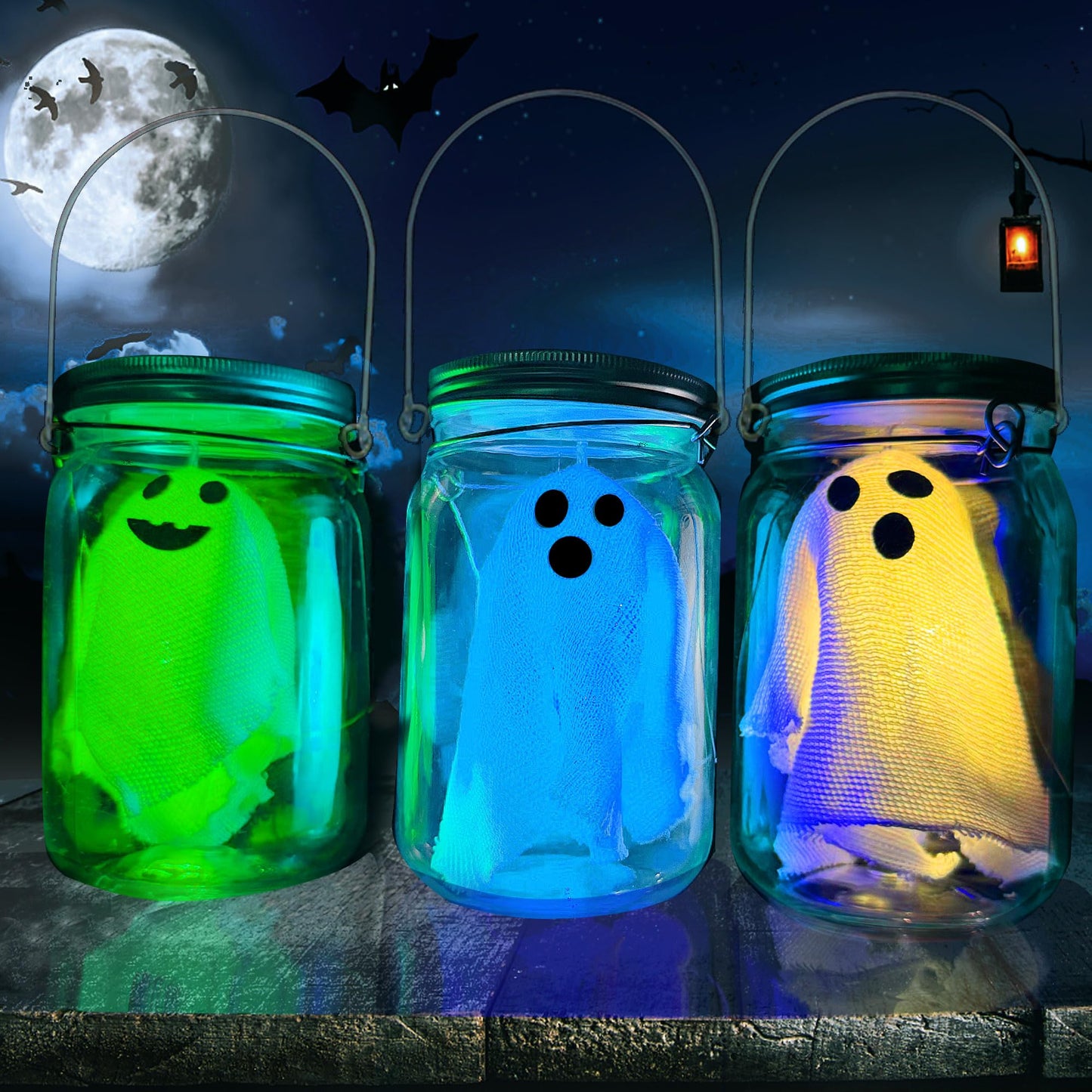 mishunyus 3 Pack Halloween Crafts for Kids -Light up Ghost Lantern DIY Jars Kit, Halloween Crafts for Kid Ages 4-12, Indoor/Outdoor Haunted House Decor