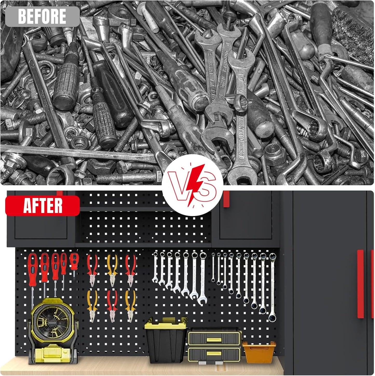 Torin Garage Storage Cabinets - 8-Piece Workshop Cabinet Set in Black with Steel Drawers & Pegboard