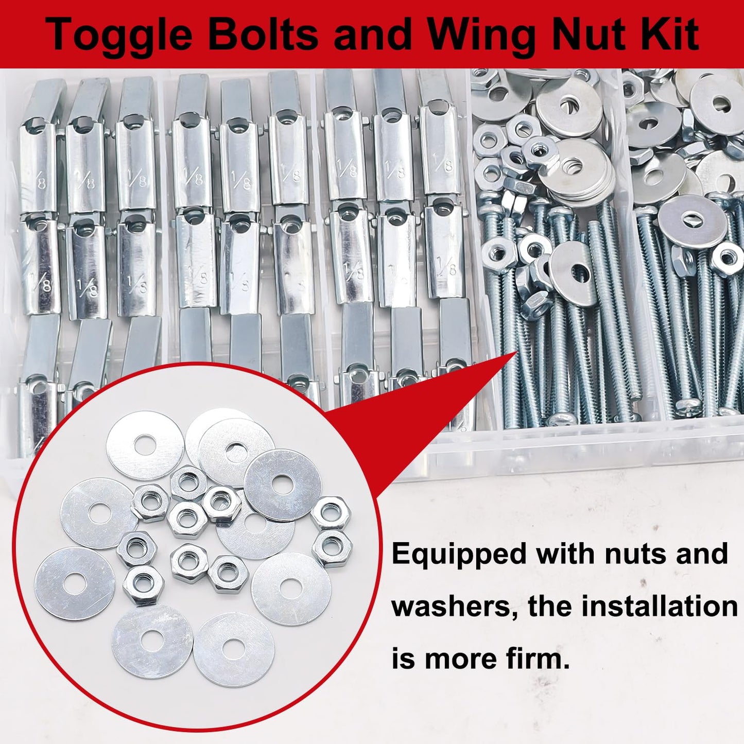 Bemaka 192Pcs 1/8 Inch Toggle Bolts, Heavy Duty Drywall Anchors and Screws Kit, Butterfly Anchors Toggle Bolts and Wing Nut Kit with Nuts Washers for Hollow Wall, Ceiling (48 Sets)
