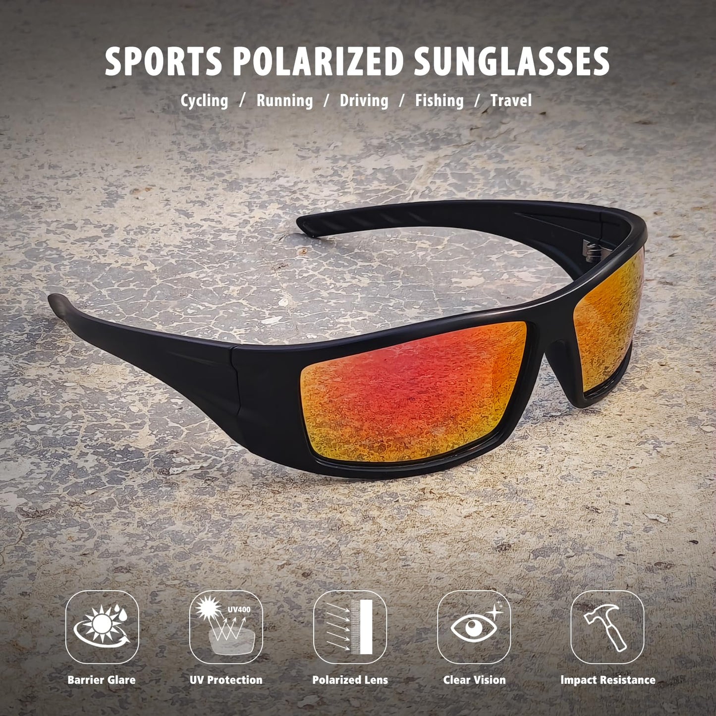 Ofwin Polarized Sports Sunglasses for Men Women Unbreakable Frame Cycling Fishing Wrap Around Sunglasses UV400 Protection Black Frame/Red Mirror Lens