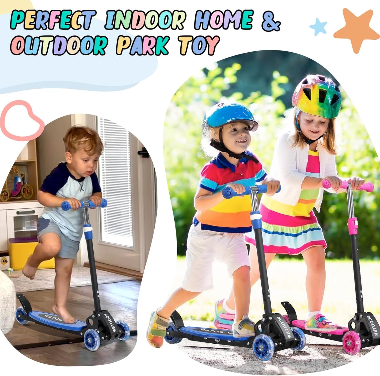 Skiennix Kick Scooter for Kids | Light-Up Three-Wheel Design, Adjustable Height, Foldable, Ages 3-7, Up to 120 Lbs