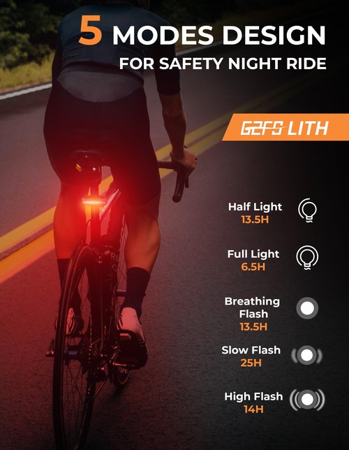 G2FS LITH 150 Lumens Rechargeable Bike Tail Light, IPX6 Waterproof Bicycle Rear Cycling 220° Wide Visible Safety Flashlight, 5 Light Mode Road Mountain Night Ride Hiking, Cycling, Camping, Boating