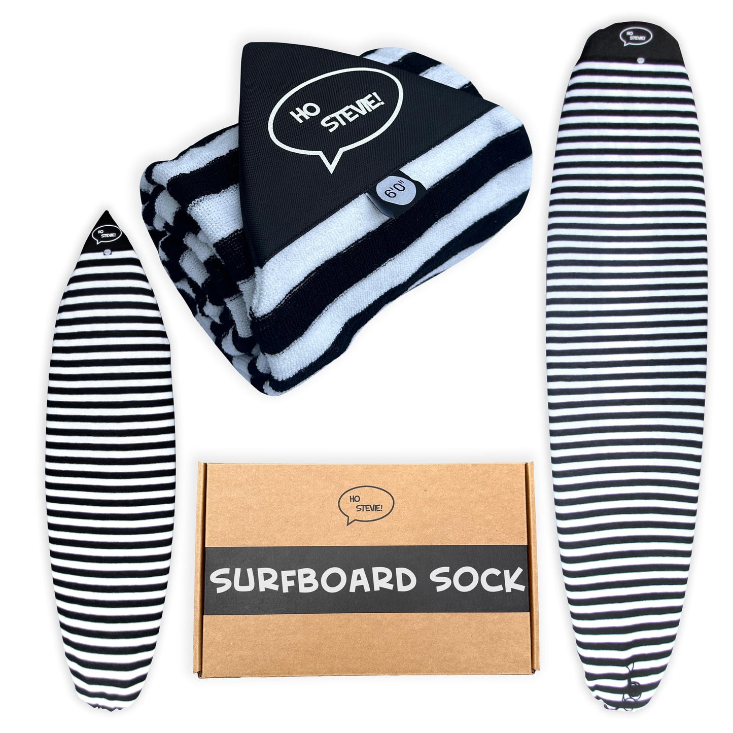 Ho Stevie! Surfboard Sock Cover - Light Protective Bag for your Surf Board (Black/White, 6'0")