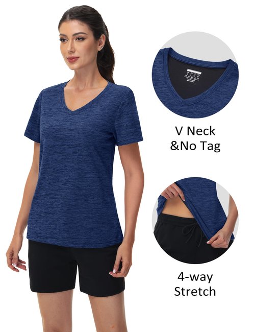 MAGCOMSEN Women's V Neck T Shirts Quick Dry Running Hiking Short Sleeve Golf Shirts, Dark Blue L