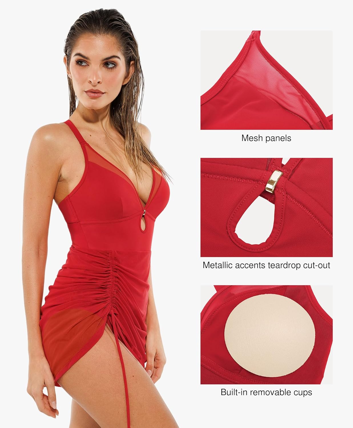Popilush One-Piece Swim Dress for Women - Tummy Control & Slimming Mesh Sarong Wraps