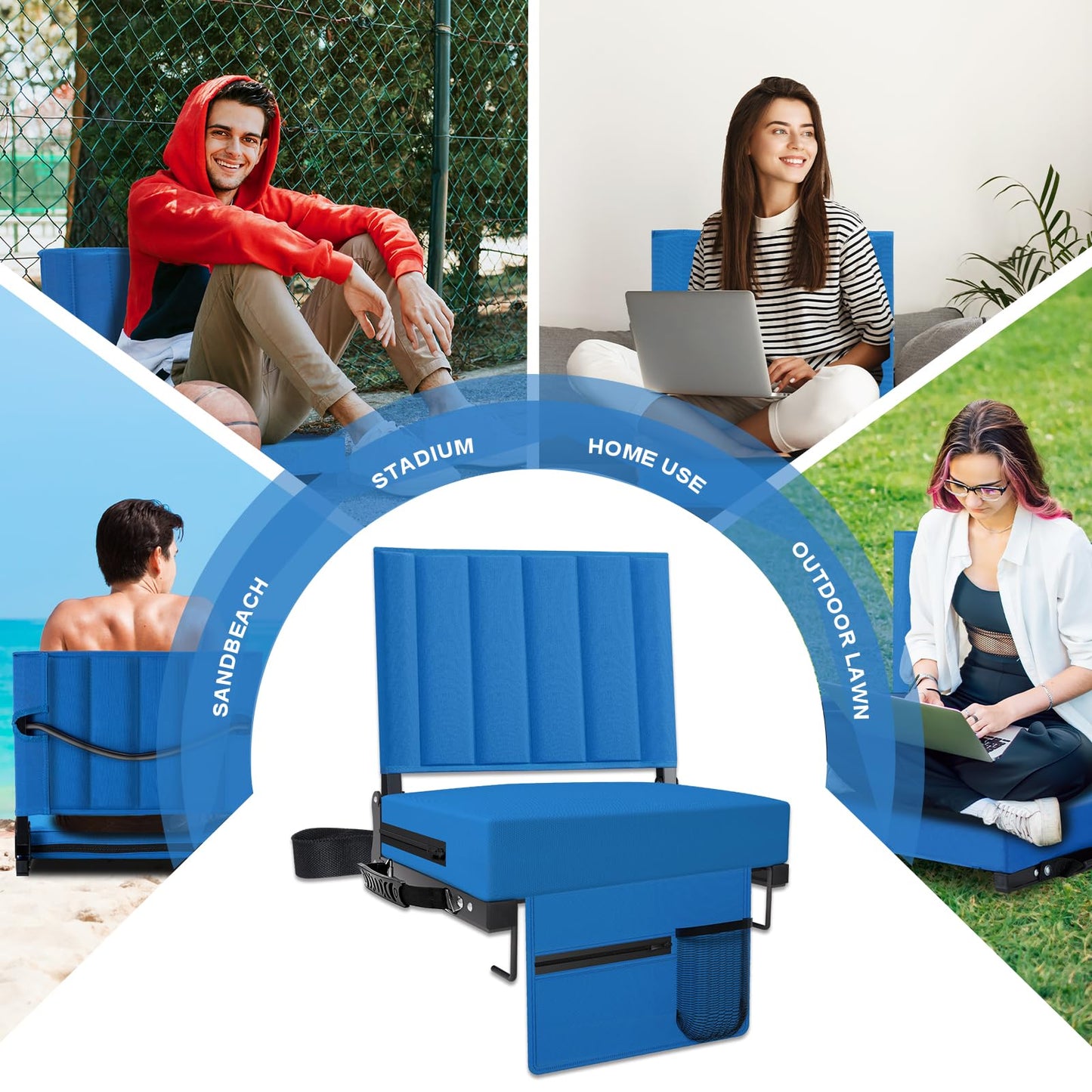Aliphon Stadium Seat for Bleachers with Back Support and Cushion, Bleacher Seats with Shoulder Strap and Cup Holder, Padded Portable Folding Comfort Stadium Chair, for Sports Events, Blue (1pcs)
