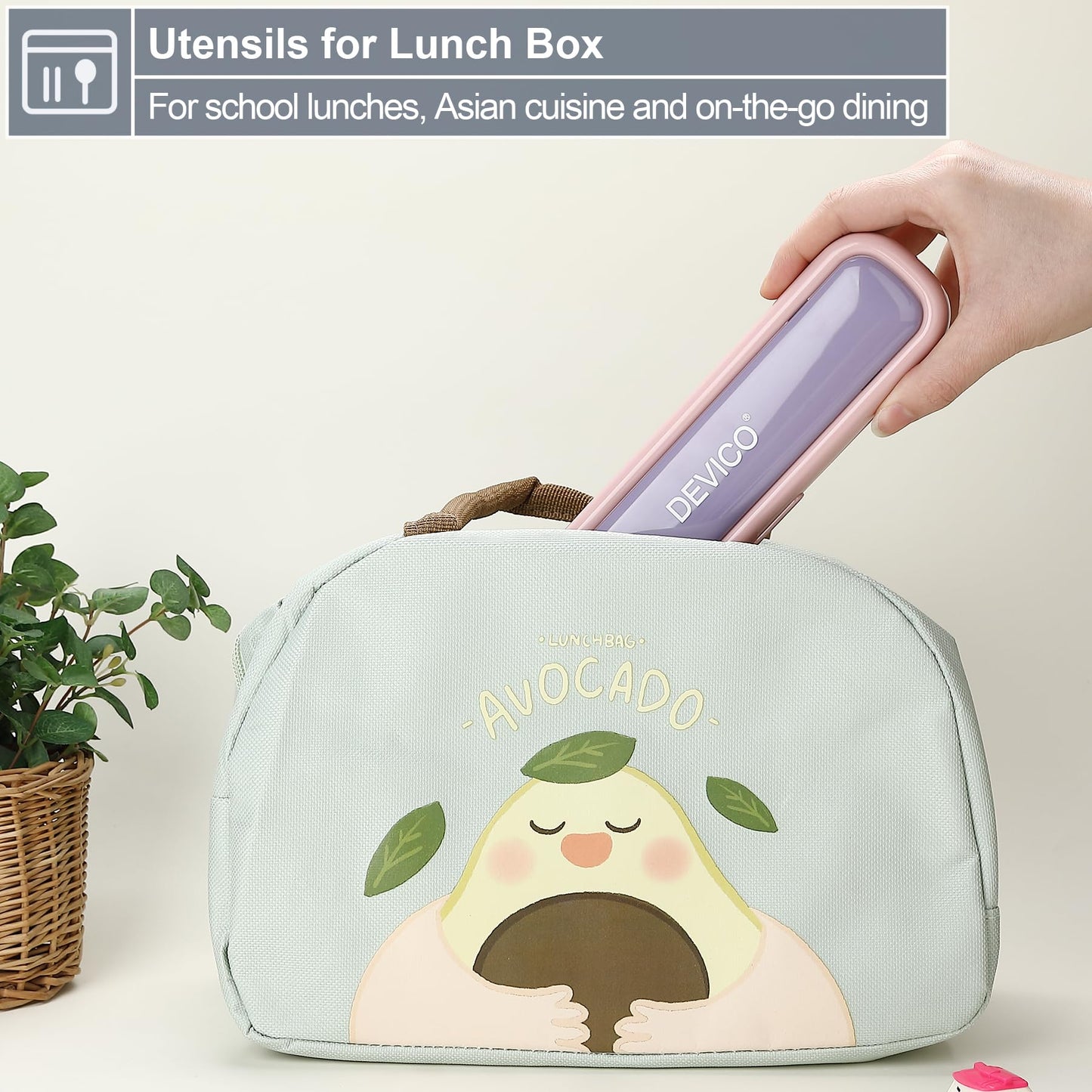 Utensils for Lunch Box, DEVICO Travel Silverware Set with Case, Portable Camping Cutlery, 18/8 Stainless Steel Reusable Korean Spoon Fork Chopsticks for School, Office, Dishwasher Safe (Pink-Purple)