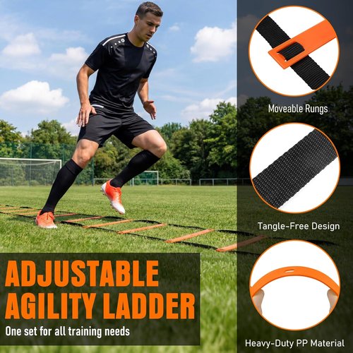 Agility Ladder Training Set - 20ft Speed Ladder with 4 Hurdles, Parachute, 12 Cones & Jump Rope | Enhance Agility & Speed for Kids and Adults
