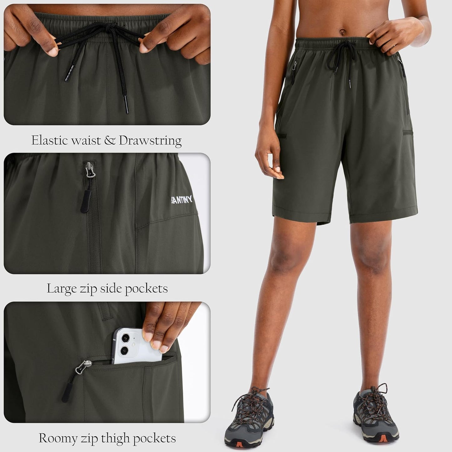 SANTINY Women's Quick-Dry Hiking Cargo Shorts - Lightweight Athletic Summer Shorts with Zipper Pockets