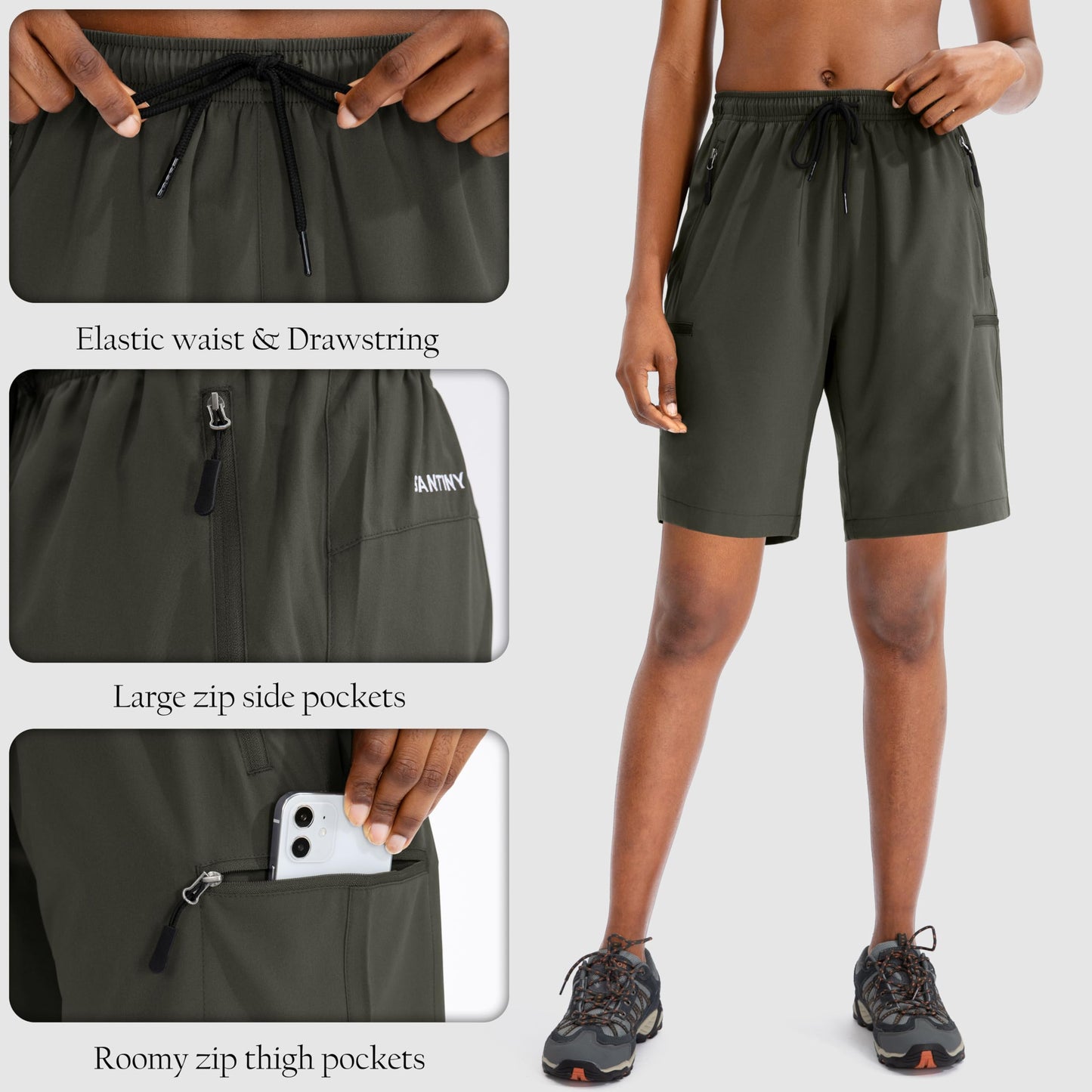 SANTINY Women's 5''/ 7''/9'' Hiking Cargo Shorts Quick Dry Lightweight Summer Shorts for Women Athletic Golf Zipper Pockets(Army Green_XXL)