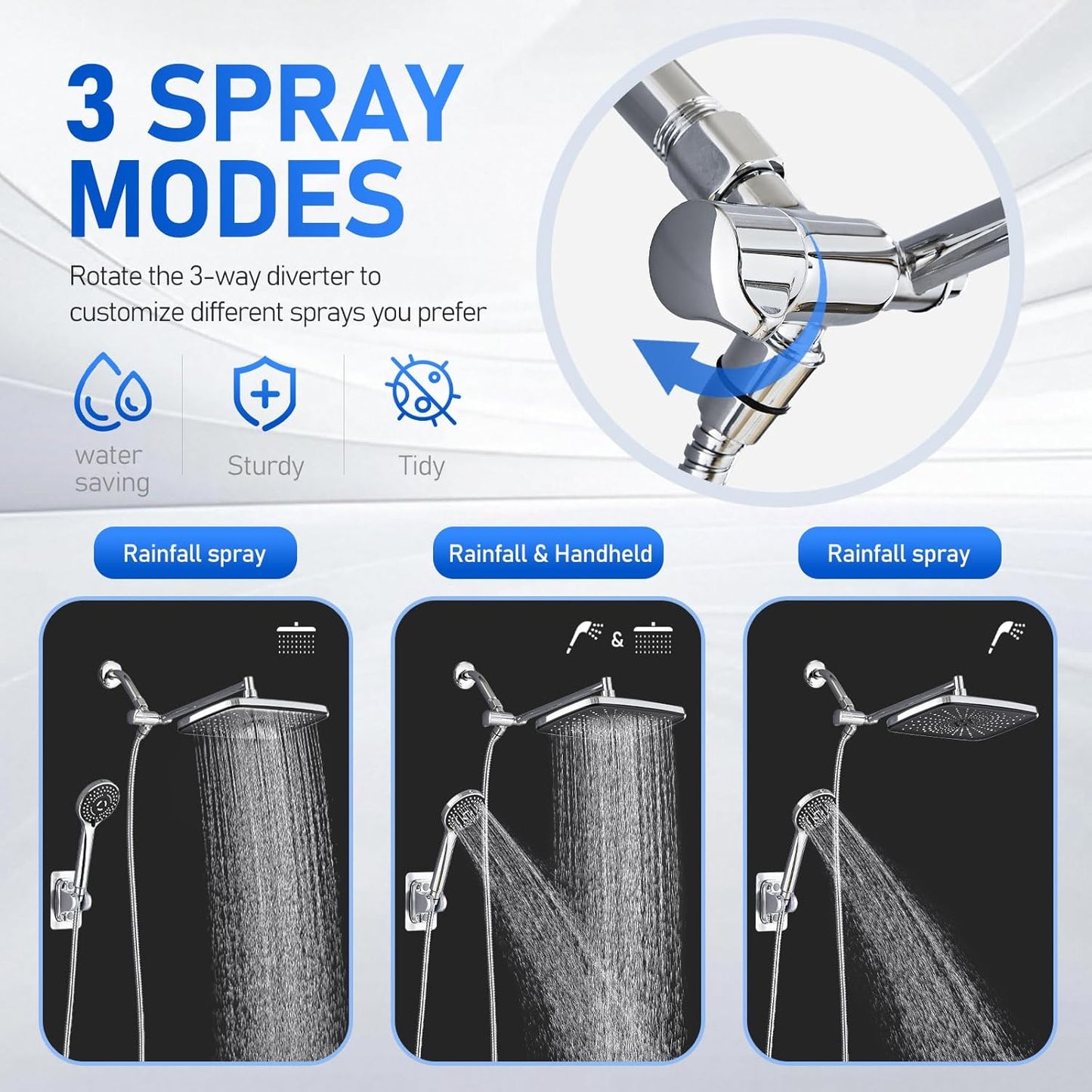 High Pressure 5-Mode Wide Rain Shower Head Combo with Handheld & Extension Arm - Black
